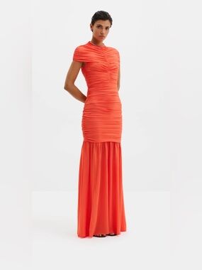 By Malvina Ruched Cap-Sleeve modest MaxiDress in Vibrant Orange